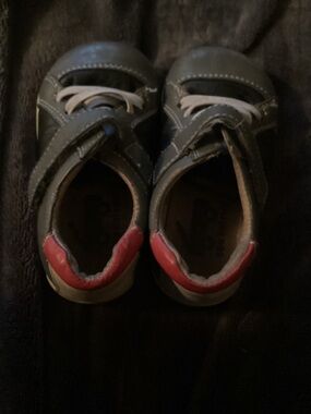 Toddler Gray and Navy Leather Velcro Sneakers with Red Heel Accent